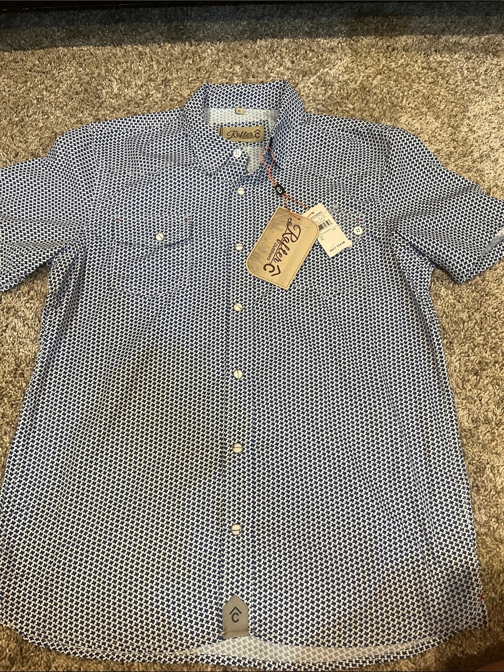 RuffleC Short-Sleeve Button-Down Shirt in Navy and White Geo